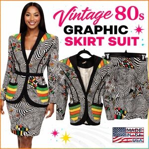 Vintage 80s IIF Abstract Print Jacket & Skirt Suit Colorful Graphic Set Made USA